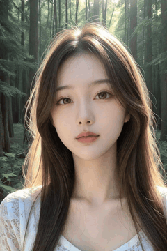 AI generated video: A young woman standing still in the woods, Long hair swaying in the soft wind…