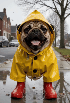 AI generated video: realistic video, full body of a pug in a bright yellow rubber raincoat and…