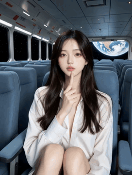 AI generated video: A young woman is sitting on a spaceship seat and holding her lips still with…