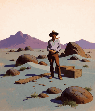 AI generated video: A lone cowboy stands still in the arid desert, his hat casting sharp shadow…