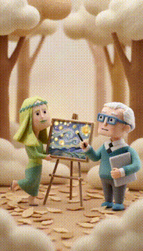 Видео, сгенерированное нейросетью: 画面中左边的绿色小人低头看画。画作上的彩色羊毛突然像面条一样“滑落”下来，掉在地上变成了一堆灰色的线团。绿色小人鲜绿色的身体瞬间褪色，变成了灰暗的橄榄色。