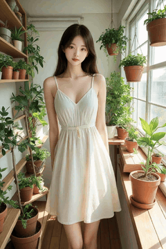 AI generated video: A young woman in a white dress is standing on a balcony full of flower pots…