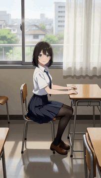 AI generated video: Clean 2D anime illustration of a young woman with neat hairstyle, white shirt…