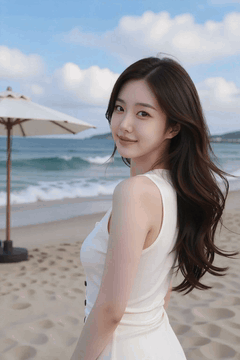 AI generated video: A woman is standing on the beach smiling,, The long hair is swaying in the…