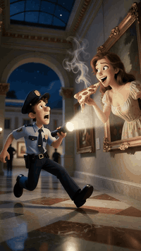 AI generated video: Whimsical 3D cartoon animation style. Dynamic low-angle wide shot. A grand…
