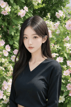 AI generated video: A woman with long dark hair is standing in front of a field of flowers, their…