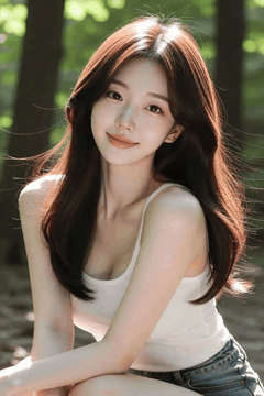 AI generated video: A young woman sits in the woods, smiles and, The long hair is swaying in the…