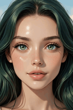 AI generated video: woman face closeup, dark green hair, natural look, Sublimely detailed, Vividly…