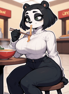AI generated video: Panda Woman eats some noodles, swallows, then lets out a small, cute burp. She…