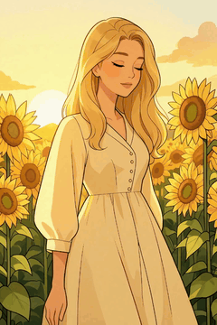 AI generated video: woman closeup, A woman standing in a field of sunflowers at sunrise, with the…