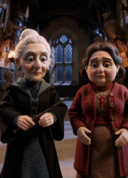 AI generated video: Storyboard: felt_stopmotion_style. Inside Hogwarts. <Subject 1> looking up…