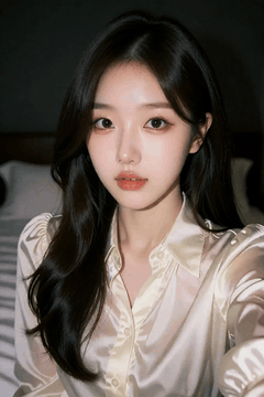 AI generated video: A woman sits on the bed and takes a selfie,, her long dark hair shakes softly…
