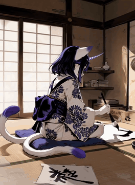AI generated video: A sumiink painting style animation of an anthro cat girl <Picture 1> with…