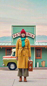 AI generated video: @jackielxu is traveling to Patagonia in a Wes Anderson film style video