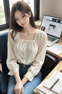 AI generated video: A woman is sitting in an office chair and leaning slightly, her long hair…