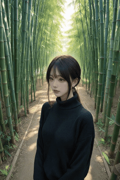 AI generated video: A young woman wearing a black T shirt stands on the bamboo forest path and…