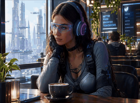 AI generated video: Cinematic wide shot, high-definition video. A young woman sits by a window in a…