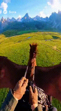 AI generated video: 用第一人称视角，一个女巫骑着一匹长者翅膀的棕色马，飞翔在广阔的草地上，草地的尽头是山脉，女巫带着一个银色的戒指，她是不是探出头去看下面的风景