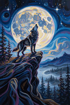 AI generated video: The wolf stops mid-howl, glances down at the glowing moon, and sighs. It hops…