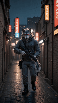 AI generated video: An anthropomorphic wolf stalks forward with tactical precision, pointing his…