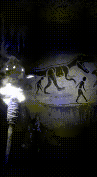 AI generated video: Interior cave shot; torchlight reveals paintings of humans and dinosaurs…