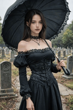 AI generated video: The woman, adorned in a black Victorian-inspired gown and holding a black…