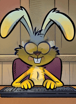 AI generated video: A cartoon rabbit is using a computer. He is facing us. "Ah, this prompt will…