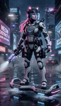 AI generated video: Medium-full shot, slow push-in camera. A confident cyberpunk patrol woman on a…