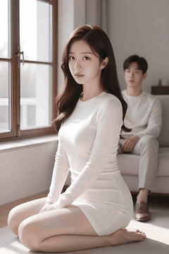 AI generated video: A woman in a white dress is sitting on her knees on the floor, The hair is…