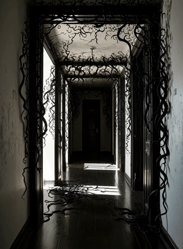 Видео, сгенерированное нейросетью: Slow first-person camera movement steadily forward through the hallway…
