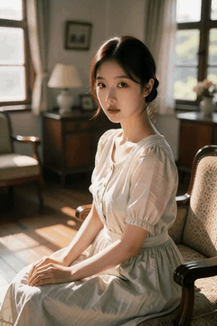 AI generated video: A woman is sitting on the sofa and looking at the front, The sunlight slowly…