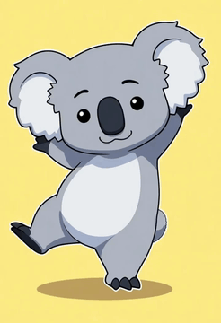 AI generated video: A high-quality 2D cartoon animation of a cute, grey, chibi-style koala with…