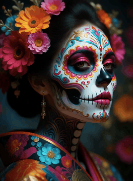 AI generated video: Camera zooms out as Beautiful day of the dead Character dances