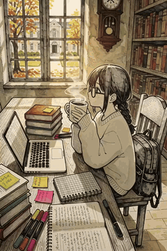 AI generated video: girl sighs, places cup on table, and looks toward window