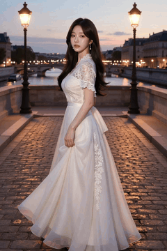 AI generated video: A woman in a white dress stands on a riverside bridge and turns her body…