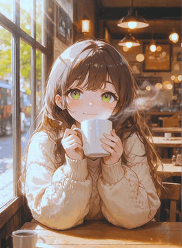 AI generated video: The girl takes a sip from the cup, then places it on the table and smiles…