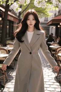 AI generated video: An Asian woman walks in an outdoor cafe street,, her long hair is blowing in…
