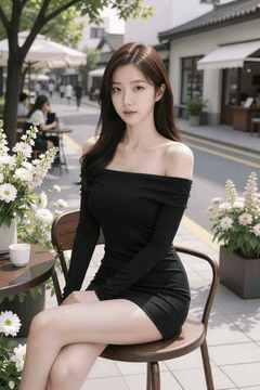 AI generated video: A woman in a black dress is sitting on an outdoor cafe chair, and people walk…