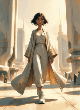 AI generated video: confidently walking forward woman. camera is moving with her and around her…