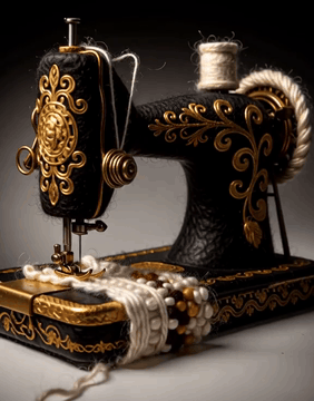 AI generated video: WoolWorld, an antique sewing machine in glossy black felt with gold yarn…
