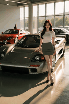 AI generated video: A beautiful woman is posing with her hands on a sports car, Branches are…