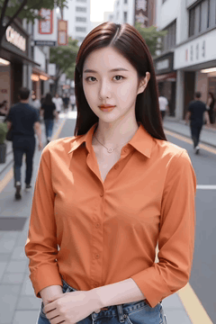 AI generated video: A young woman wearing an orange shirt stands still and looks at the camera…