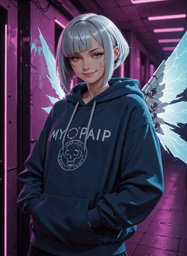 AI generated video: A young woman with a silver-grey bob and blunt bangs stands in a narrow…