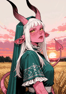 AI generated video: Demon girl, pink skin, standing, demon tail, delicate, shy smile, windy day…