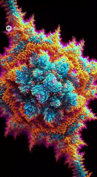 AI generated video: Fractal amalgamation that moves to the sound of music. Pulsating. Vibrating. In…