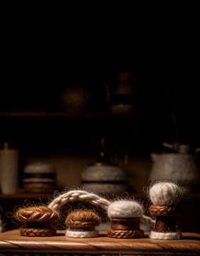 AI generated video: WoolWorld, a grandfather radio cabinet of walnut-look felted wool, fabric…