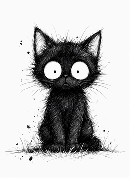 AI generated video: A cat, sketched in rough, loose lines, sits motionless. It blinks frequently. A…
