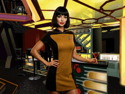 AI generated video: The Starfleet Officer gradually softens into a warm, inviting smile. Then she…
