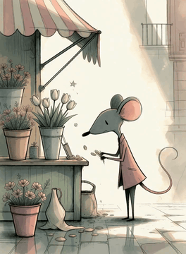 AI generated video: StrangeDaal, pink coat mouse mouse buy a 3 flowers bouquet and walk with the…