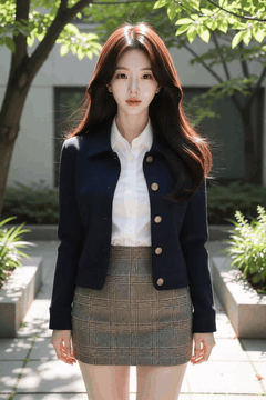 AI generated video: A young woman dressed in business casual is standing in the garden and looking…